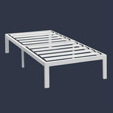 A white bed frame with slatted design, suitable for mattress placement.
